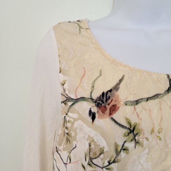 Anthropologie Deletta Bird Print Long Sleeve Top Cream S Velvet Burnout OAK SONG - Picture 5 of 7